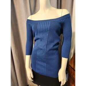 NWT Bisou Bisou Michelle Bohbot Off Shoulder Ribbed Sweater Blouse‎ Blue/blk XL